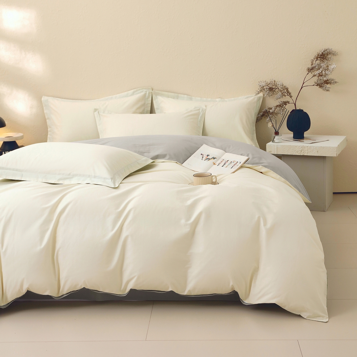 91家纺网 家纺一手货源 找家纺 小懒猪 2026新款13372A类双拼纯色全棉纯棉四件套 奶昔白-椰子灰