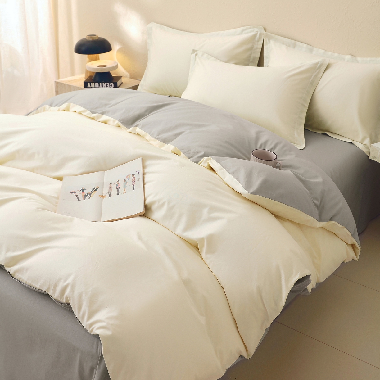 91家纺网 家纺一手货源 找家纺 小懒猪 2026新款13372A类双拼纯色全棉纯棉四件套 奶昔白-椰子灰