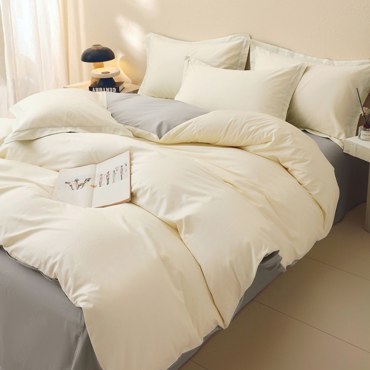 91家纺网 家纺一手货源 找家纺 小懒猪 2026新款13372A类双拼纯色全棉纯棉四件套 奶昔白-椰子灰