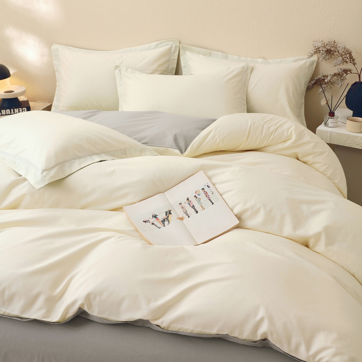 91家纺网 家纺一手货源 找家纺 小懒猪 2026新款13372A类双拼纯色全棉纯棉四件套 奶昔白-椰子灰