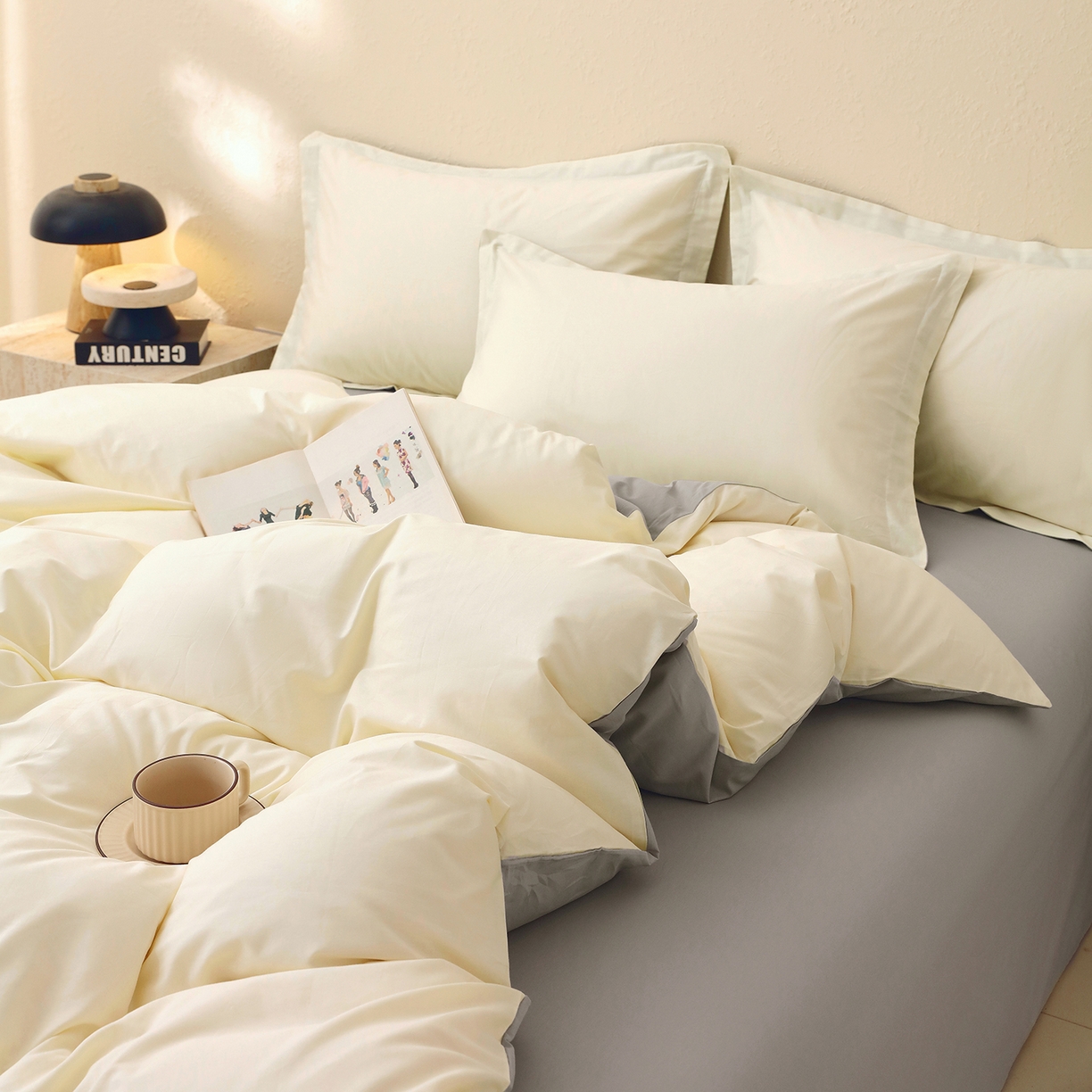 91家纺网 家纺一手货源 找家纺 小懒猪 2026新款13372A类双拼纯色全棉纯棉四件套 奶昔白-椰子灰