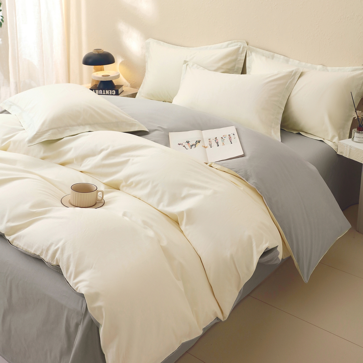 91家纺网 家纺一手货源 找家纺 小懒猪 2026新款13372A类双拼纯色全棉纯棉四件套 奶昔白-椰子灰