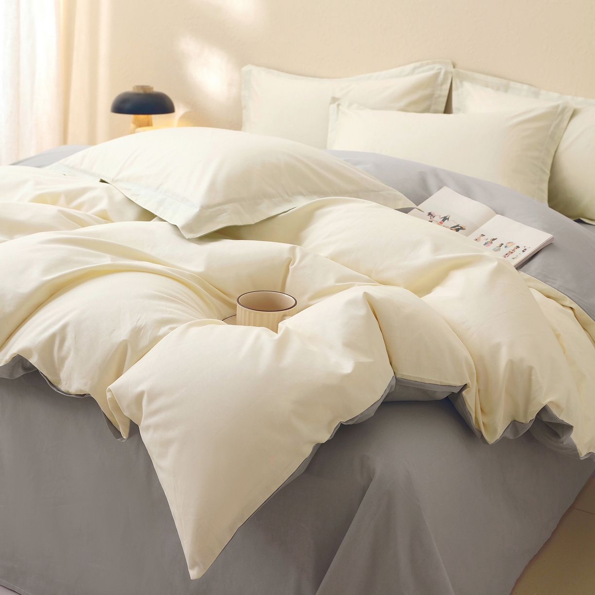 91家纺网 家纺一手货源 找家纺 小懒猪 2026新款13372A类双拼纯色全棉纯棉四件套 奶昔白-椰子灰