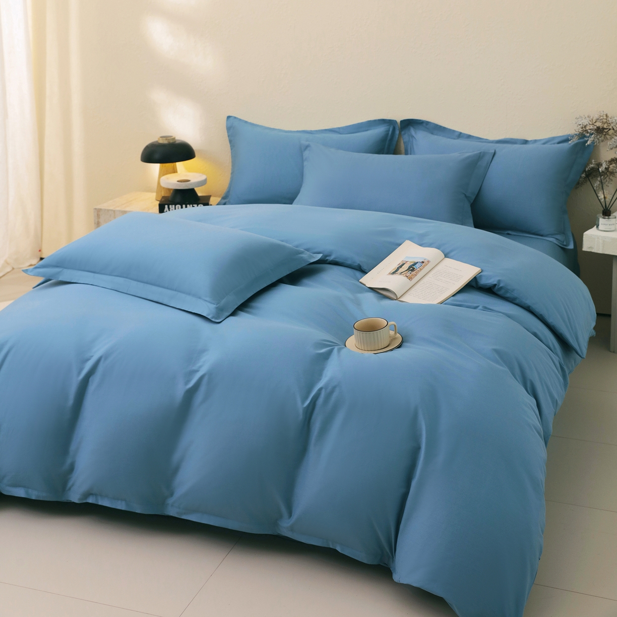 91家纺网 家纺一手货源 找家纺 小懒猪 2026新款13372A类双拼纯色全棉纯棉四件套 绅士蓝