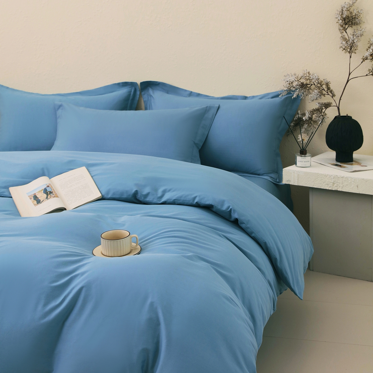 91家纺网 家纺一手货源 找家纺 小懒猪 2026新款13372A类双拼纯色全棉纯棉四件套 绅士蓝