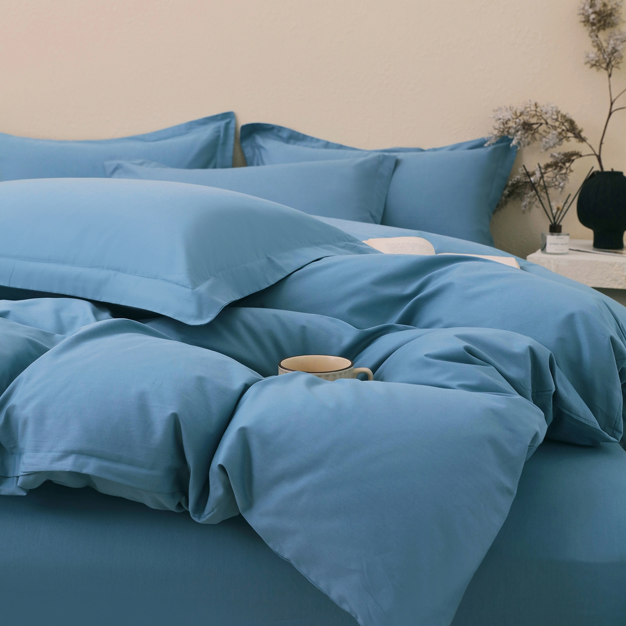 91家纺网 家纺一手货源 找家纺 小懒猪 2026新款13372A类双拼纯色全棉纯棉四件套 绅士蓝