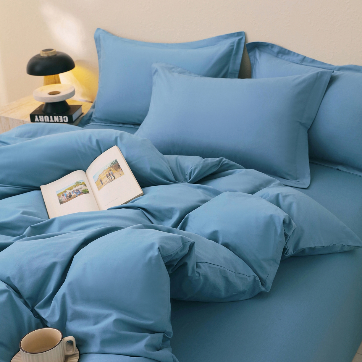 91家纺网 家纺一手货源 找家纺 小懒猪 2026新款13372A类双拼纯色全棉纯棉四件套 绅士蓝