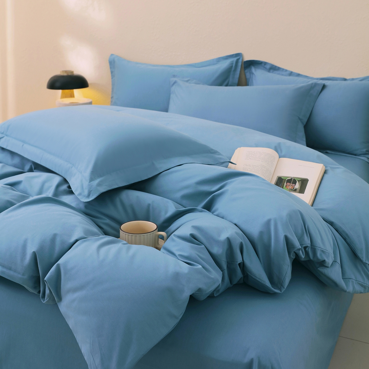 91家纺网 家纺一手货源 找家纺 小懒猪 2026新款13372A类双拼纯色全棉纯棉四件套 绅士蓝