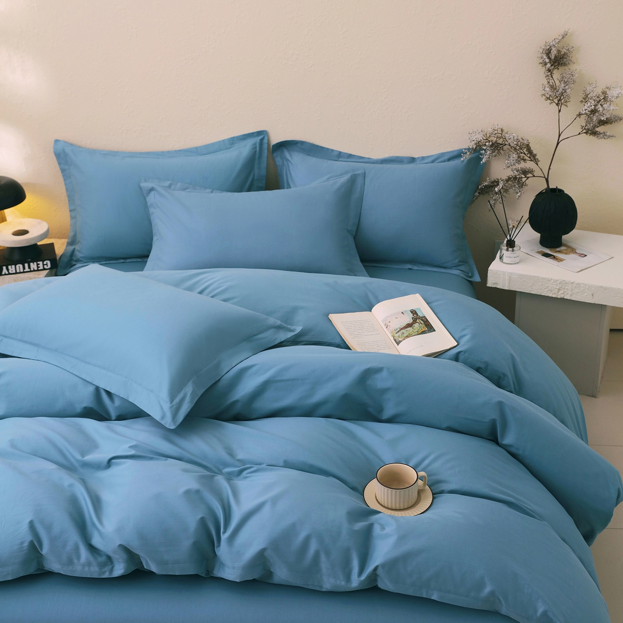 91家纺网 家纺一手货源 找家纺 小懒猪 2026新款13372A类双拼纯色全棉纯棉四件套 绅士蓝