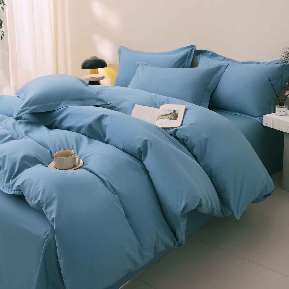 91家纺网 家纺一手货源 找家纺 小懒猪 2026新款13372A类双拼纯色全棉纯棉四件套 绅士蓝