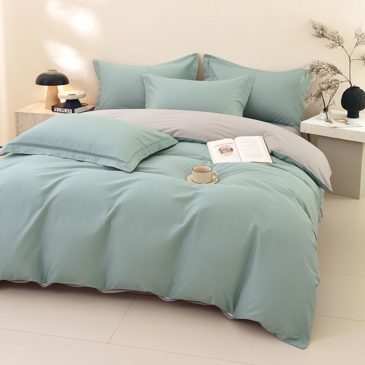 91家纺网 家纺一手货源 找家纺 小懒猪 2026新款13372A类双拼纯色全棉纯棉四件套 烟波绿-椰子灰