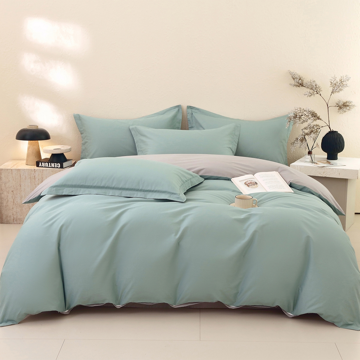 91家纺网 家纺一手货源 找家纺 小懒猪 2026新款13372A类双拼纯色全棉纯棉四件套 烟波绿-椰子灰