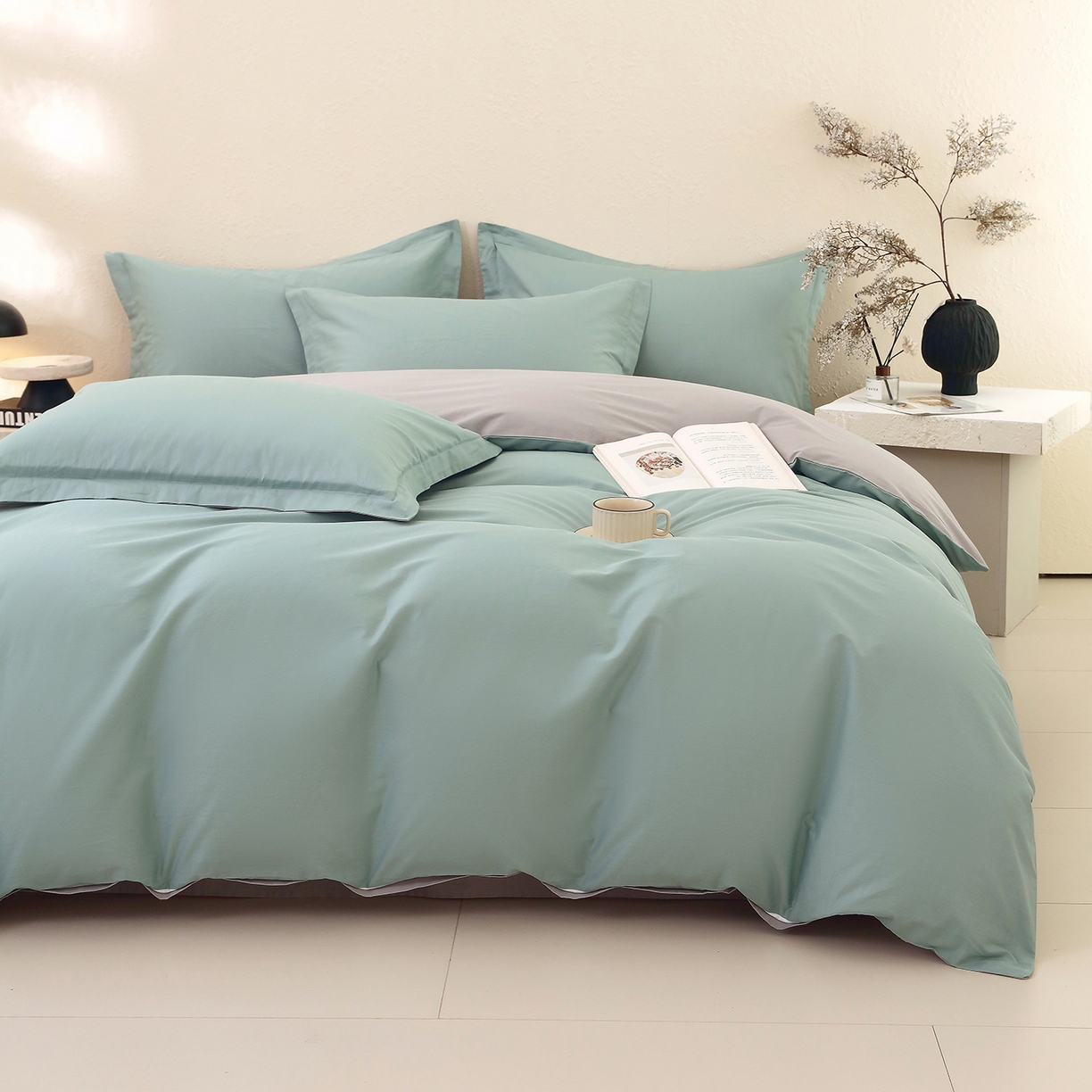 91家纺网 家纺一手货源 找家纺 小懒猪 2026新款13372A类双拼纯色全棉纯棉四件套 烟波绿-椰子灰