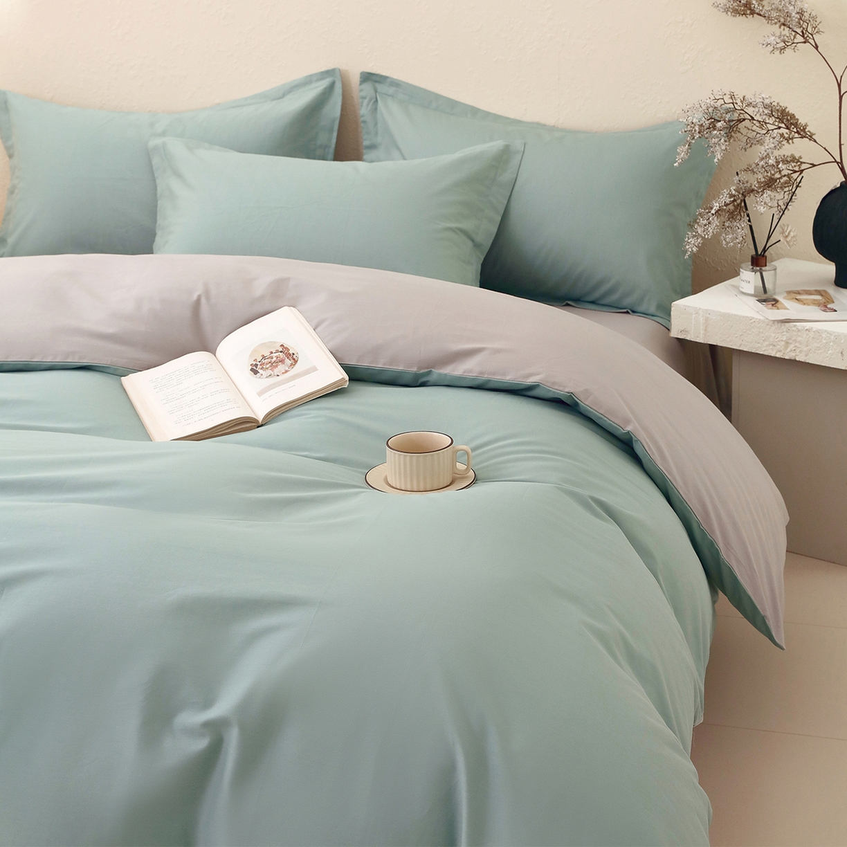 91家纺网 家纺一手货源 找家纺 小懒猪 2026新款13372A类双拼纯色全棉纯棉四件套 烟波绿-椰子灰