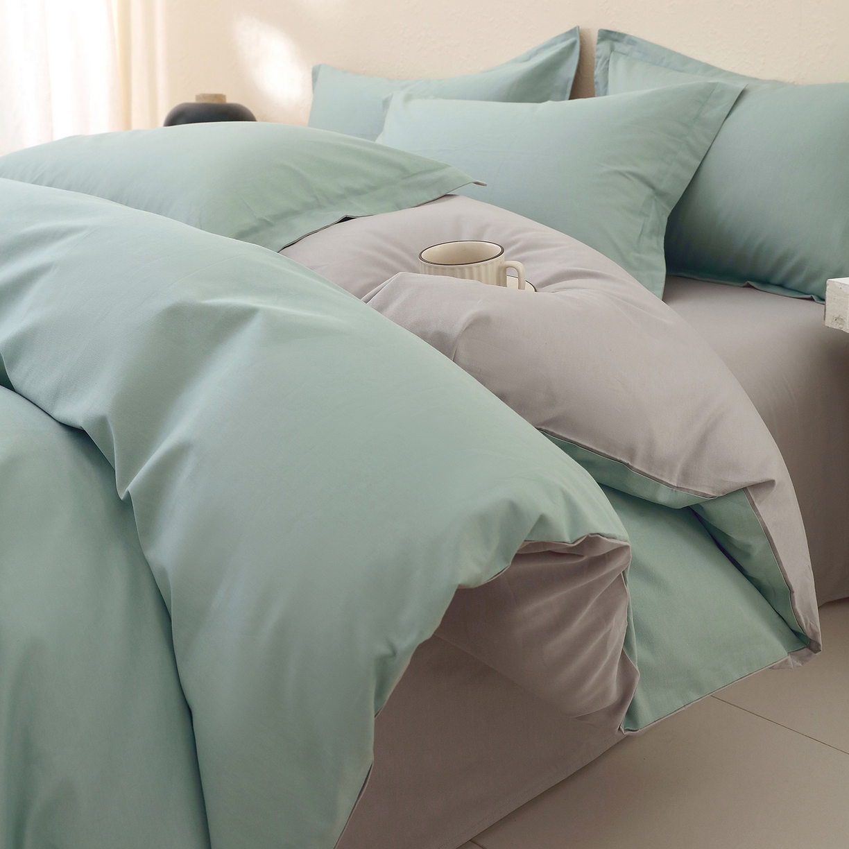 91家纺网 家纺一手货源 找家纺 小懒猪 2026新款13372A类双拼纯色全棉纯棉四件套 烟波绿-椰子灰