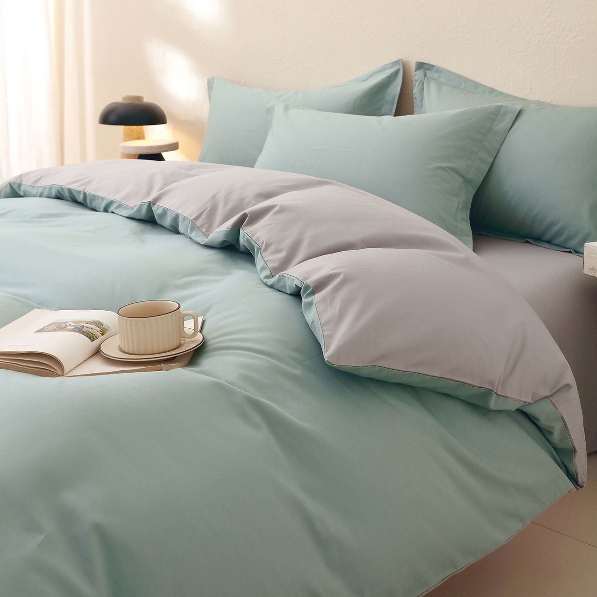 91家纺网 家纺一手货源 找家纺 小懒猪 2026新款13372A类双拼纯色全棉纯棉四件套 烟波绿-椰子灰