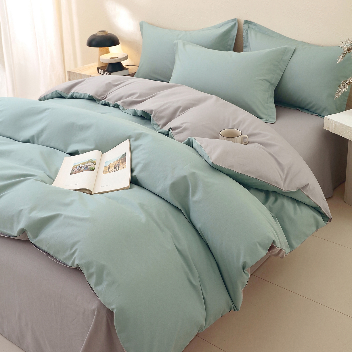 91家纺网 家纺一手货源 找家纺 小懒猪 2026新款13372A类双拼纯色全棉纯棉四件套 烟波绿-椰子灰