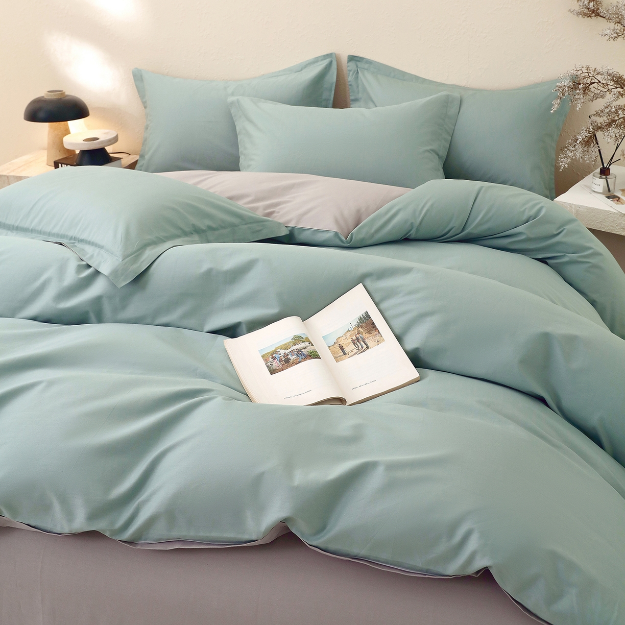 91家纺网 家纺一手货源 找家纺 小懒猪 2026新款13372A类双拼纯色全棉纯棉四件套 烟波绿-椰子灰