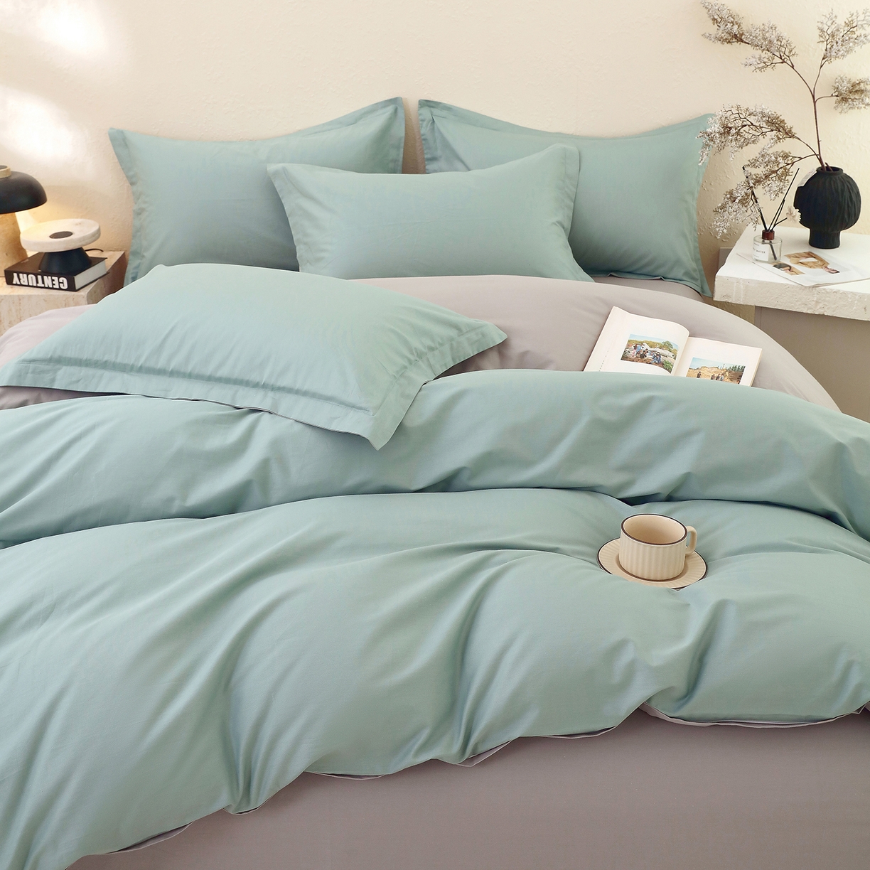 91家纺网 家纺一手货源 找家纺 小懒猪 2026新款13372A类双拼纯色全棉纯棉四件套 烟波绿-椰子灰