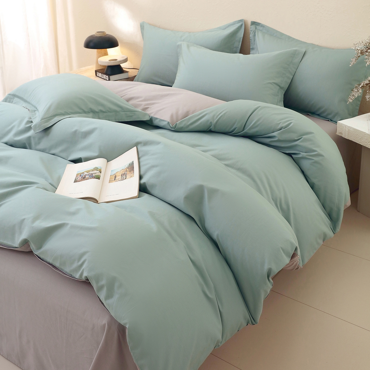 91家纺网 家纺一手货源 找家纺 小懒猪 2026新款13372A类双拼纯色全棉纯棉四件套 烟波绿-椰子灰