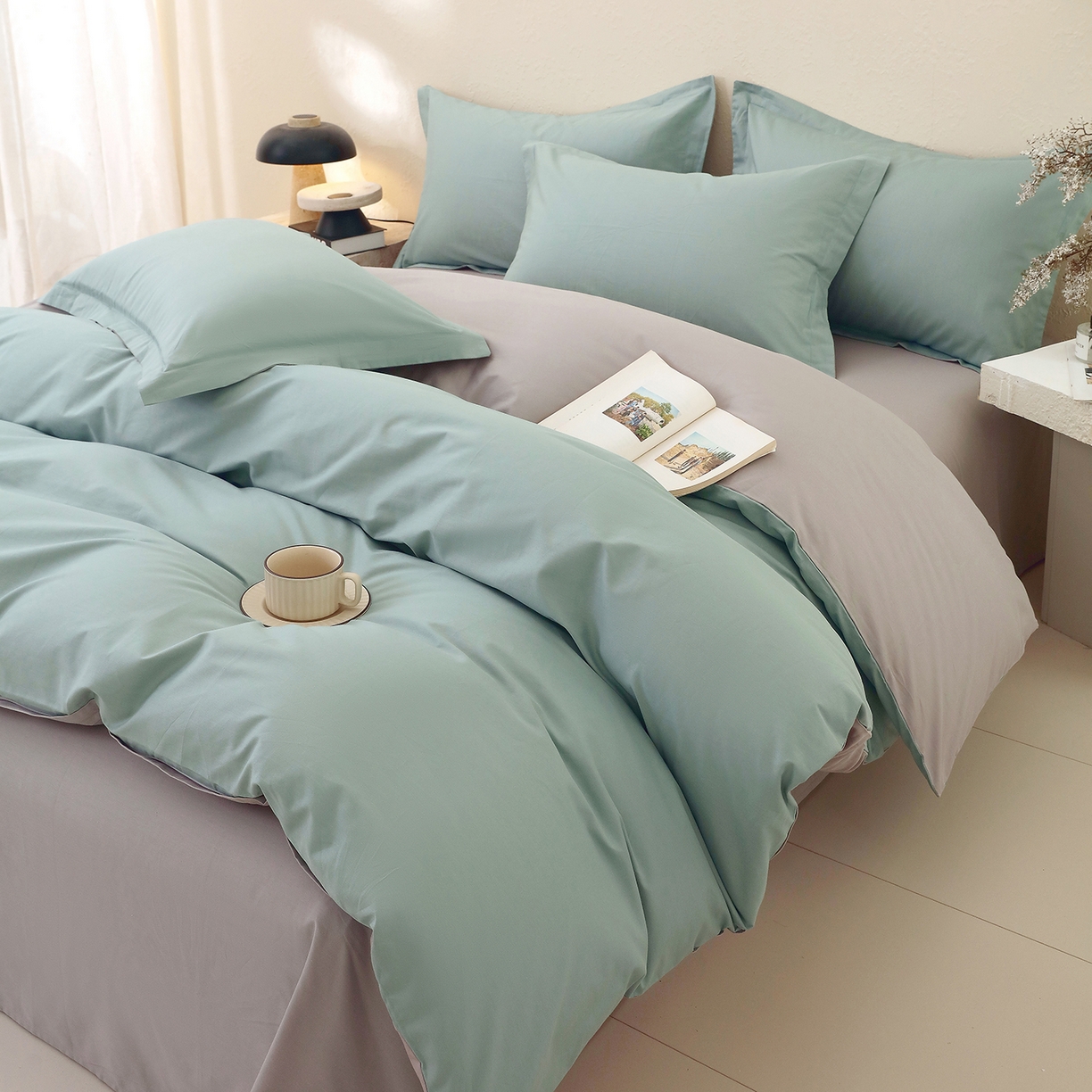 91家纺网 家纺一手货源 找家纺 小懒猪 2026新款13372A类双拼纯色全棉纯棉四件套 烟波绿-椰子灰