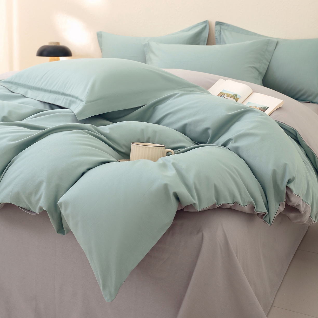 91家纺网 家纺一手货源 找家纺 小懒猪 2026新款13372A类双拼纯色全棉纯棉四件套 烟波绿-椰子灰