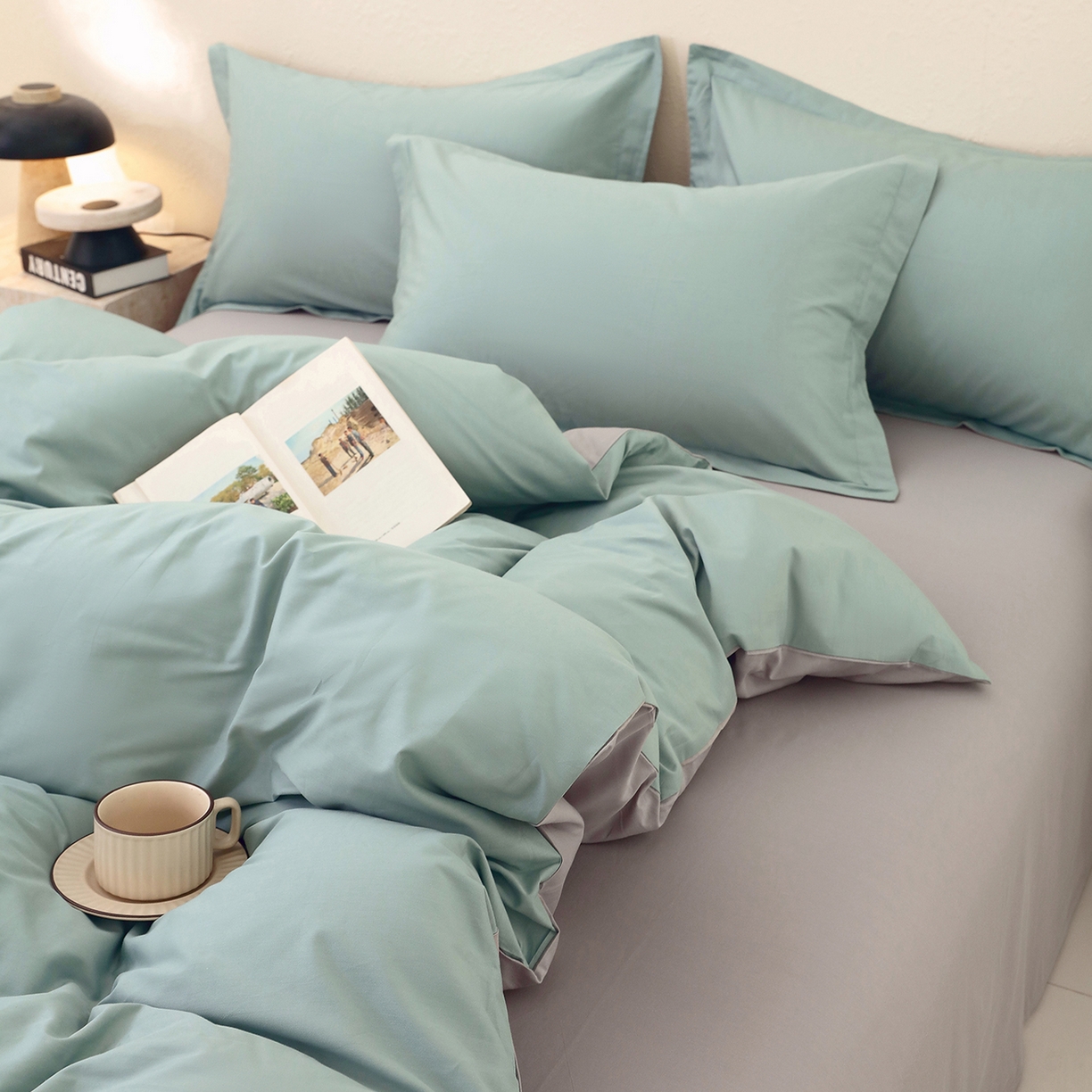 91家纺网 家纺一手货源 找家纺 小懒猪 2026新款13372A类双拼纯色全棉纯棉四件套 烟波绿-椰子灰