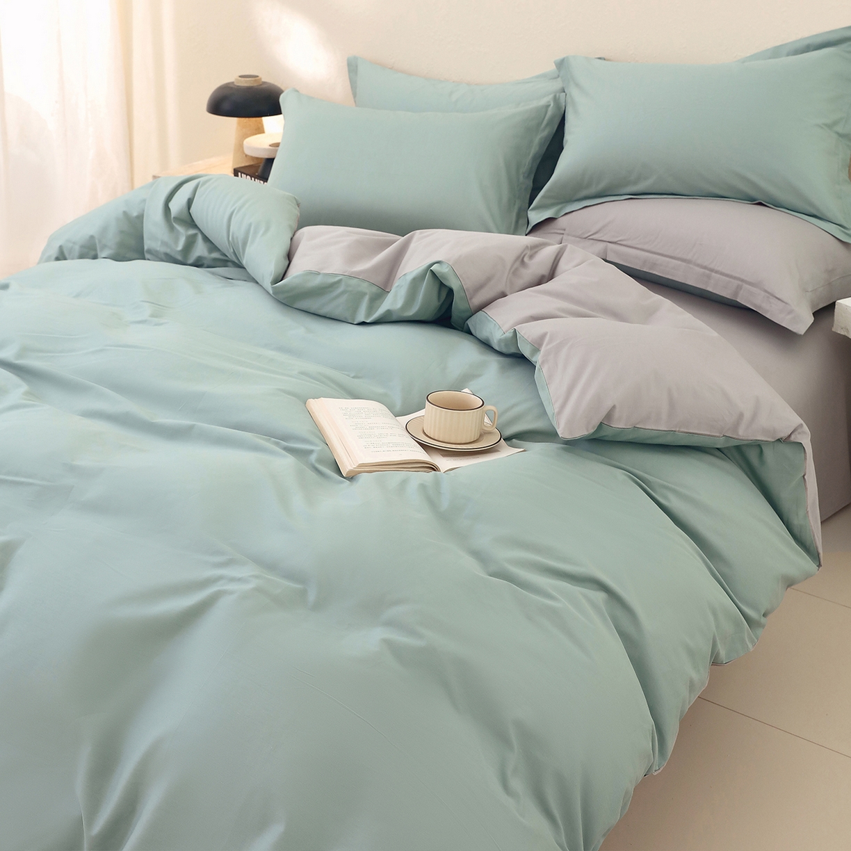 91家纺网 家纺一手货源 找家纺 小懒猪 2026新款13372A类双拼纯色全棉纯棉四件套 烟波绿-椰子灰