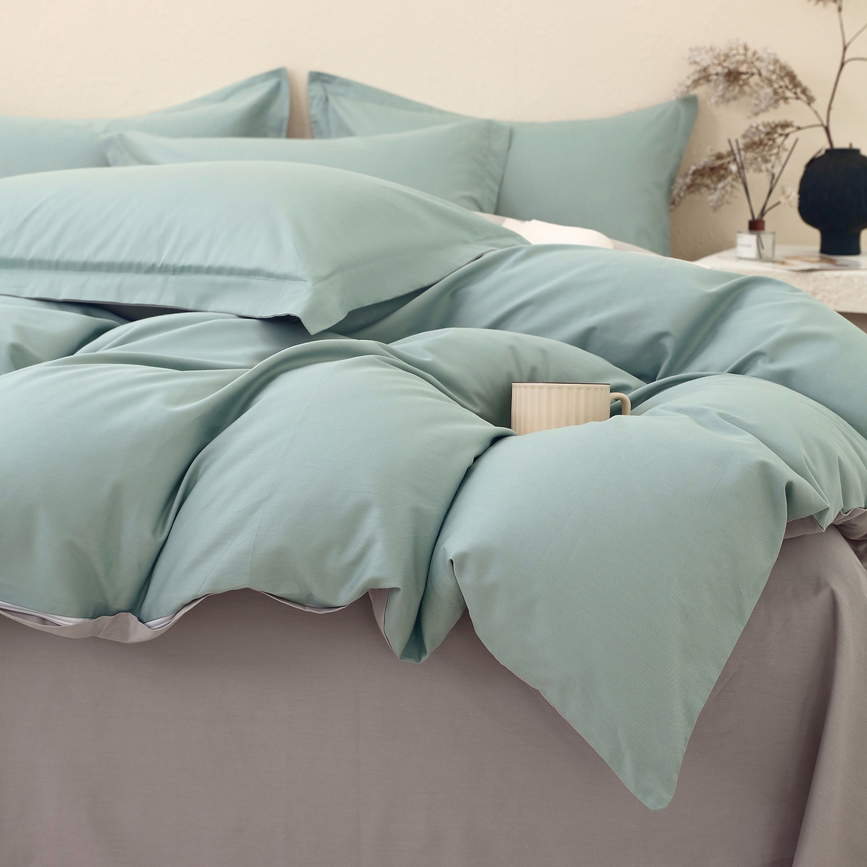 91家纺网 家纺一手货源 找家纺 小懒猪 2026新款13372A类双拼纯色全棉纯棉四件套 烟波绿-椰子灰