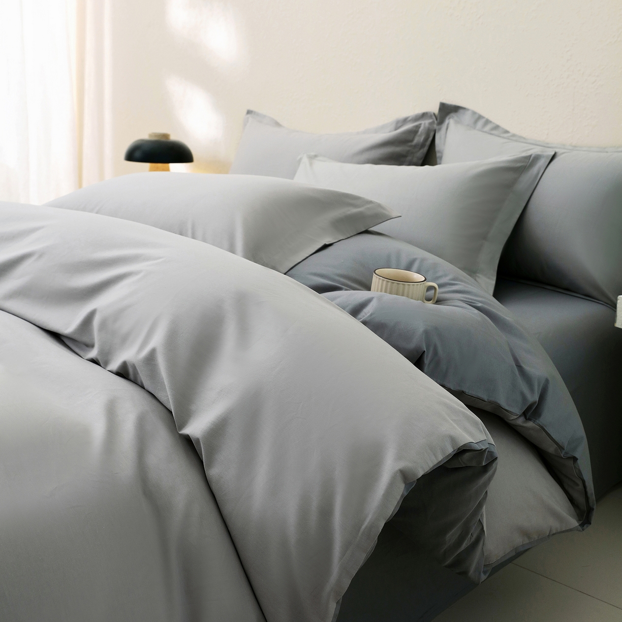 小懒猪 2026新款13372A类双拼纯色全棉纯棉四件套 椰子灰-月岩灰