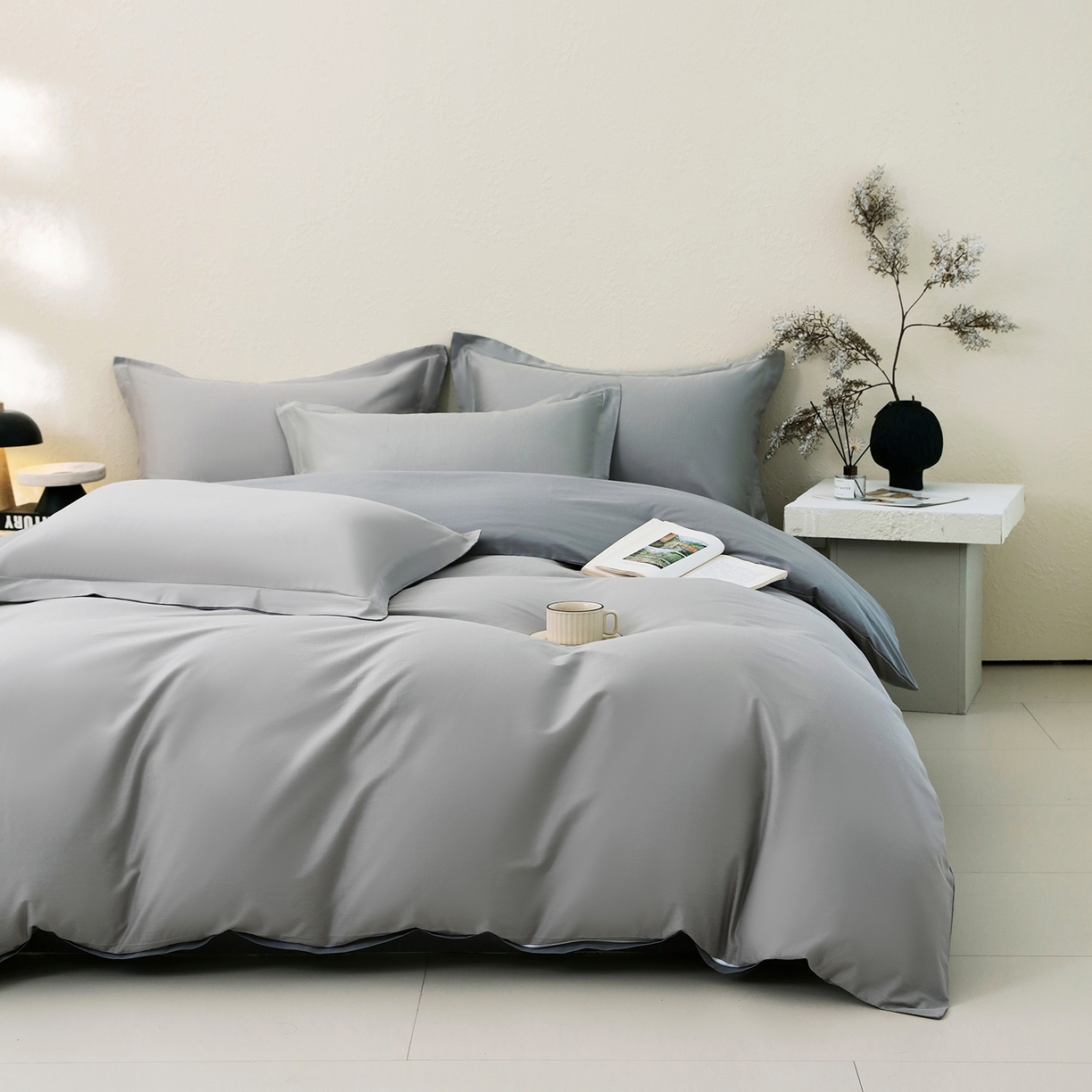 91家纺网 家纺一手货源 找家纺 小懒猪 2026新款13372A类双拼纯色全棉纯棉四件套 椰子灰-月岩灰