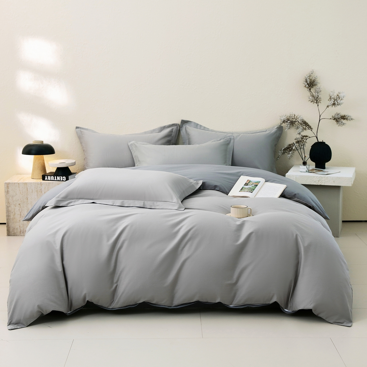 91家纺网 家纺一手货源 找家纺 小懒猪 2026新款13372A类双拼纯色全棉纯棉四件套 椰子灰-月岩灰