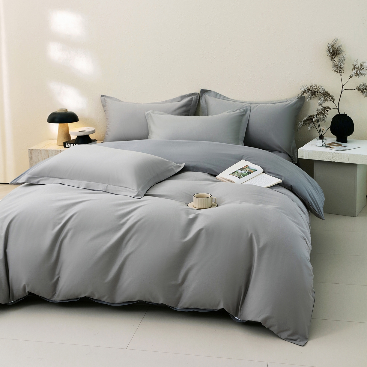 91家纺网 家纺一手货源 找家纺 小懒猪 2026新款13372A类双拼纯色全棉纯棉四件套 椰子灰-月岩灰