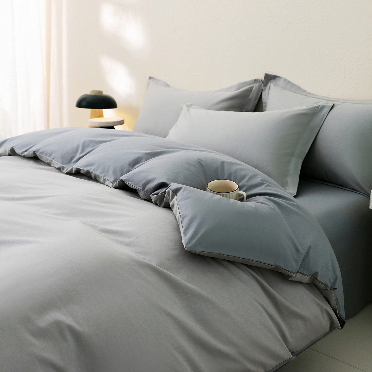 91家纺网 家纺一手货源 找家纺 小懒猪 2026新款13372A类双拼纯色全棉纯棉四件套 椰子灰-月岩灰