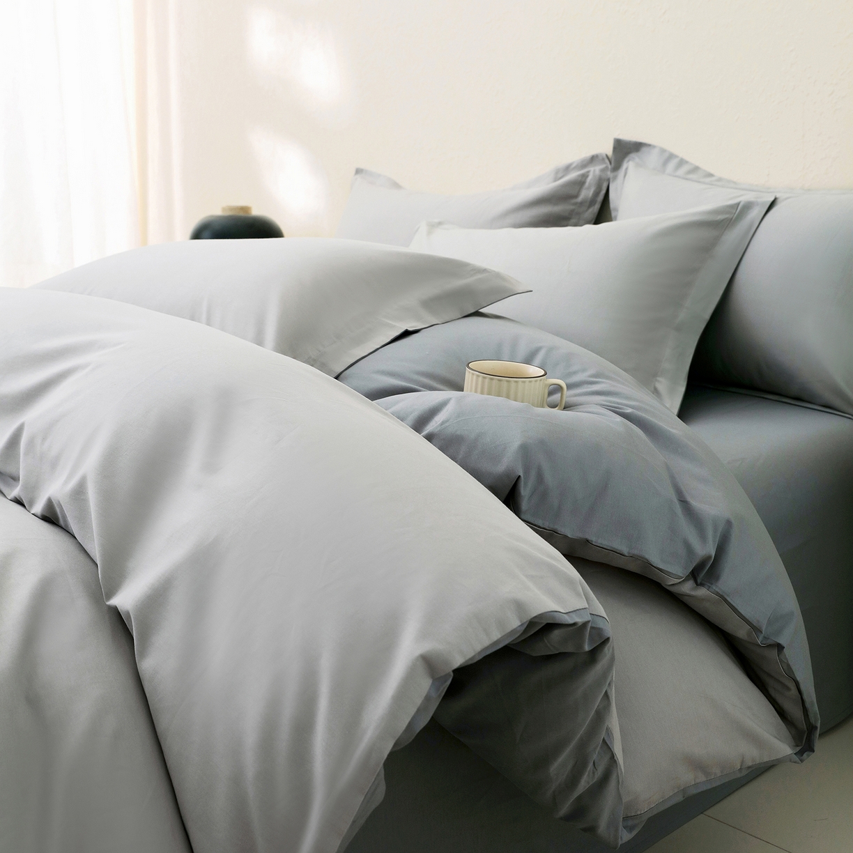 91家纺网 家纺一手货源 找家纺 小懒猪 2026新款13372A类双拼纯色全棉纯棉四件套 椰子灰-月岩灰