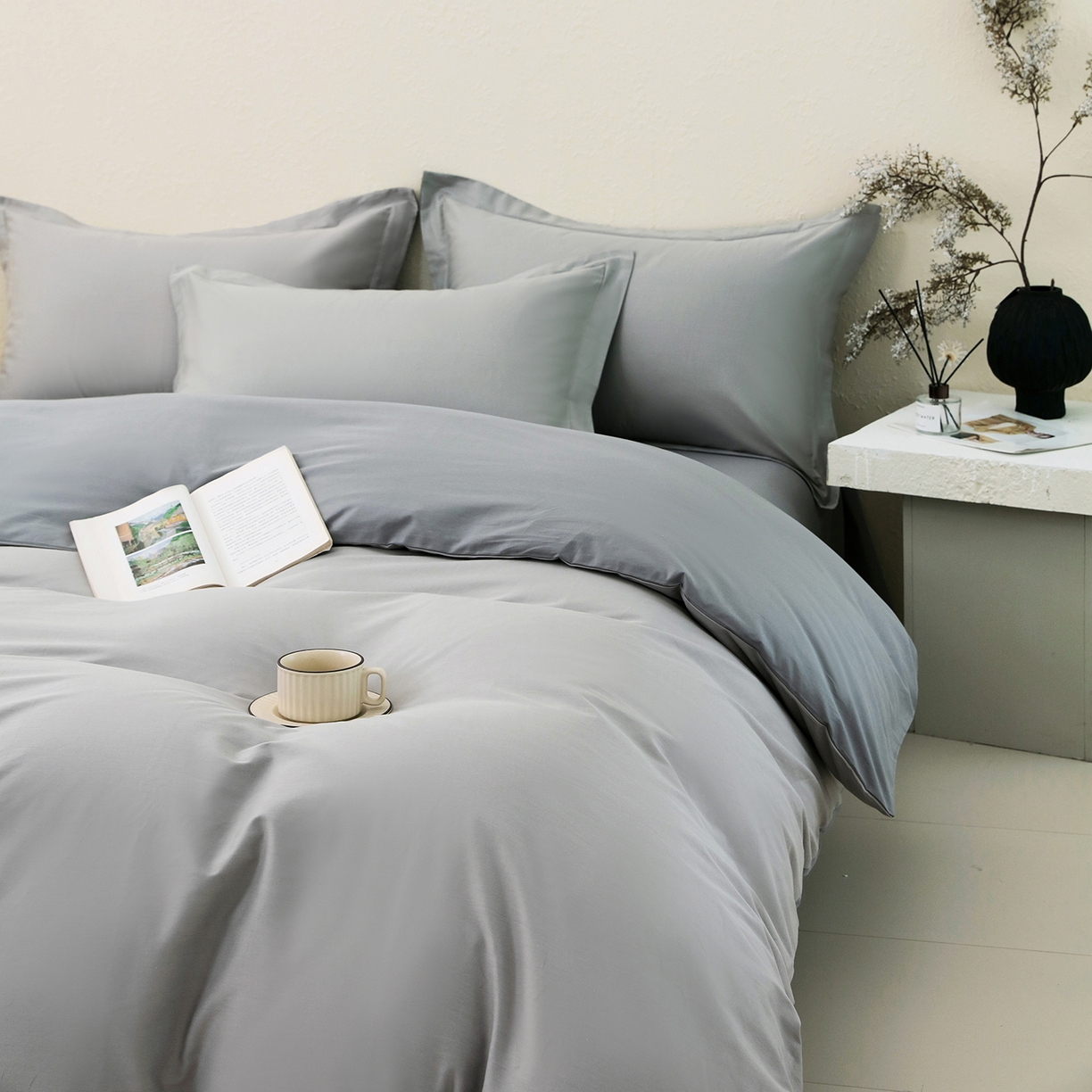 91家纺网 家纺一手货源 找家纺 小懒猪 2026新款13372A类双拼纯色全棉纯棉四件套 椰子灰-月岩灰