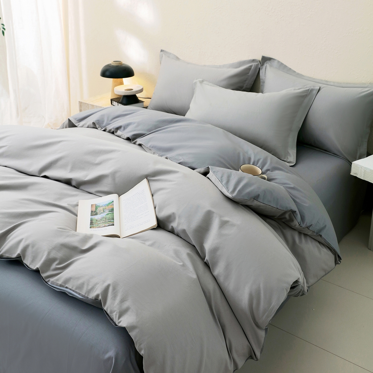 91家纺网 家纺一手货源 找家纺 小懒猪 2026新款13372A类双拼纯色全棉纯棉四件套 椰子灰-月岩灰