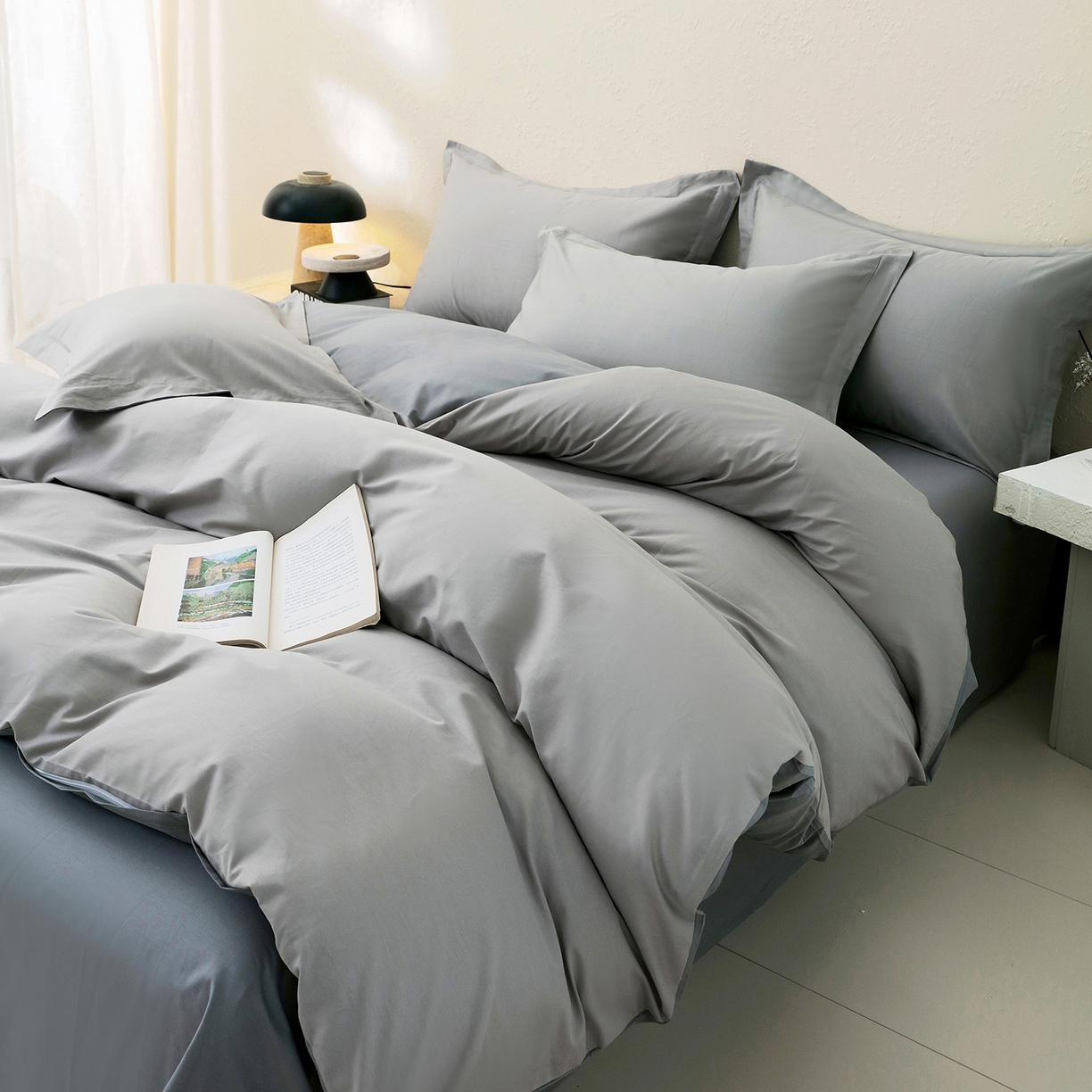 91家纺网 家纺一手货源 找家纺 小懒猪 2026新款13372A类双拼纯色全棉纯棉四件套 椰子灰-月岩灰