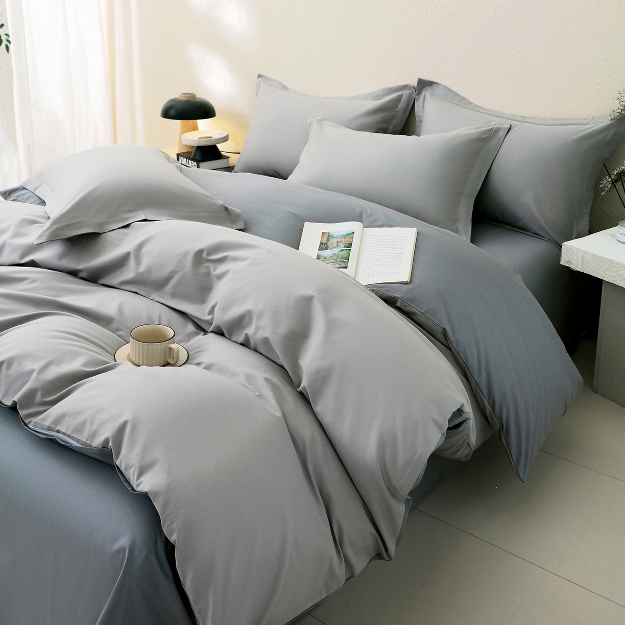 91家纺网 家纺一手货源 找家纺 小懒猪 2026新款13372A类双拼纯色全棉纯棉四件套 椰子灰-月岩灰