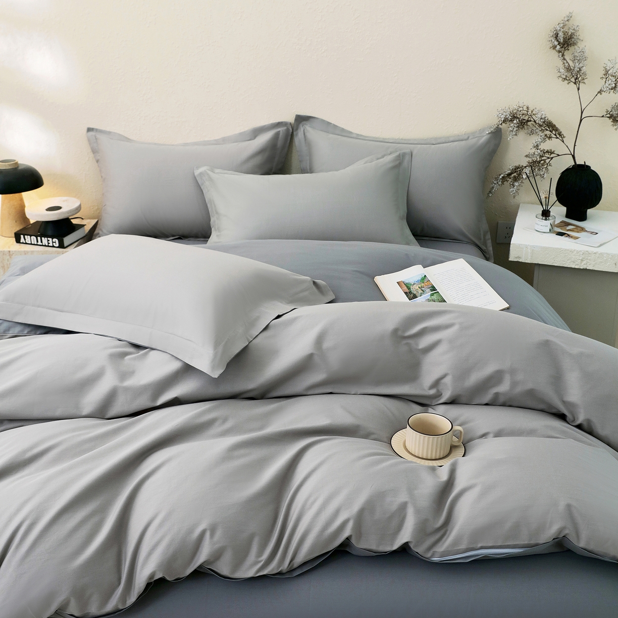 91家纺网 家纺一手货源 找家纺 小懒猪 2026新款13372A类双拼纯色全棉纯棉四件套 椰子灰-月岩灰