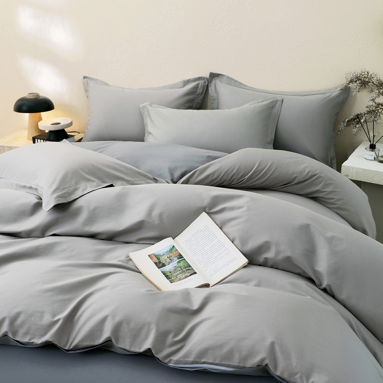 91家纺网 家纺一手货源 找家纺 小懒猪 2026新款13372A类双拼纯色全棉纯棉四件套 椰子灰-月岩灰