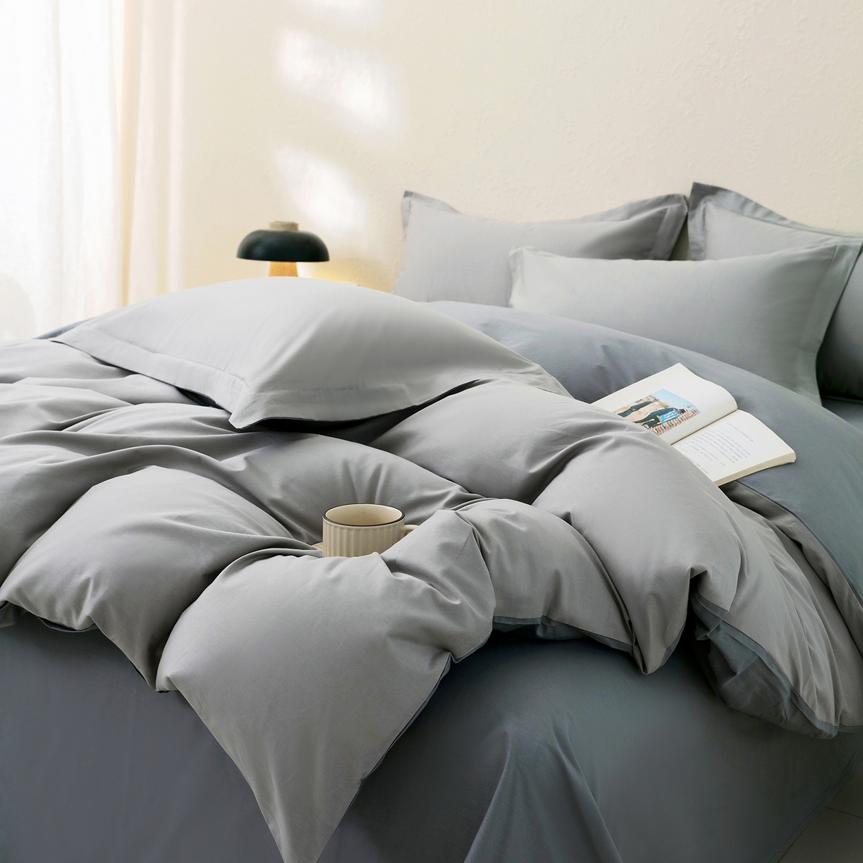 91家纺网 家纺一手货源 找家纺 小懒猪 2026新款13372A类双拼纯色全棉纯棉四件套 椰子灰-月岩灰