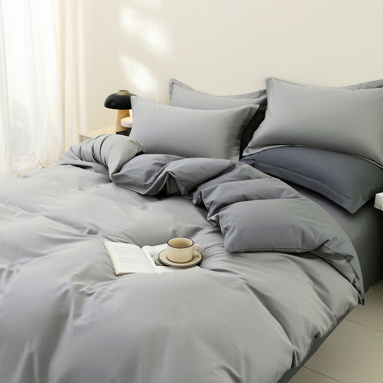 91家纺网 家纺一手货源 找家纺 小懒猪 2026新款13372A类双拼纯色全棉纯棉四件套 椰子灰-月岩灰