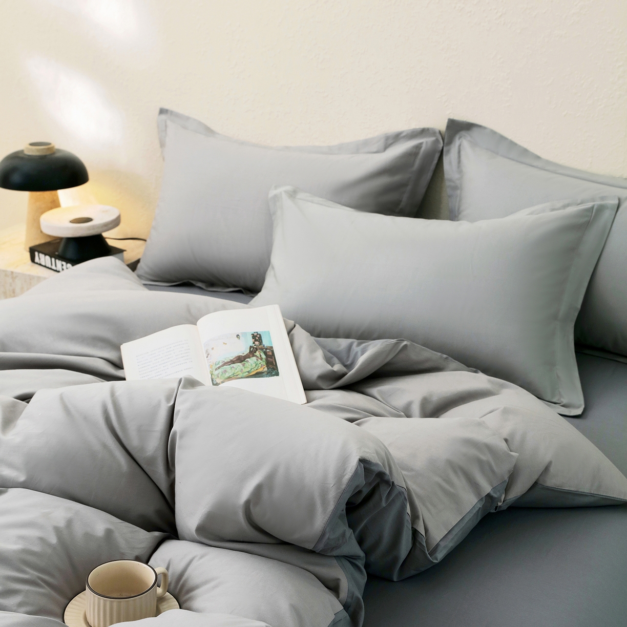 91家纺网 家纺一手货源 找家纺 小懒猪 2026新款13372A类双拼纯色全棉纯棉四件套 椰子灰-月岩灰