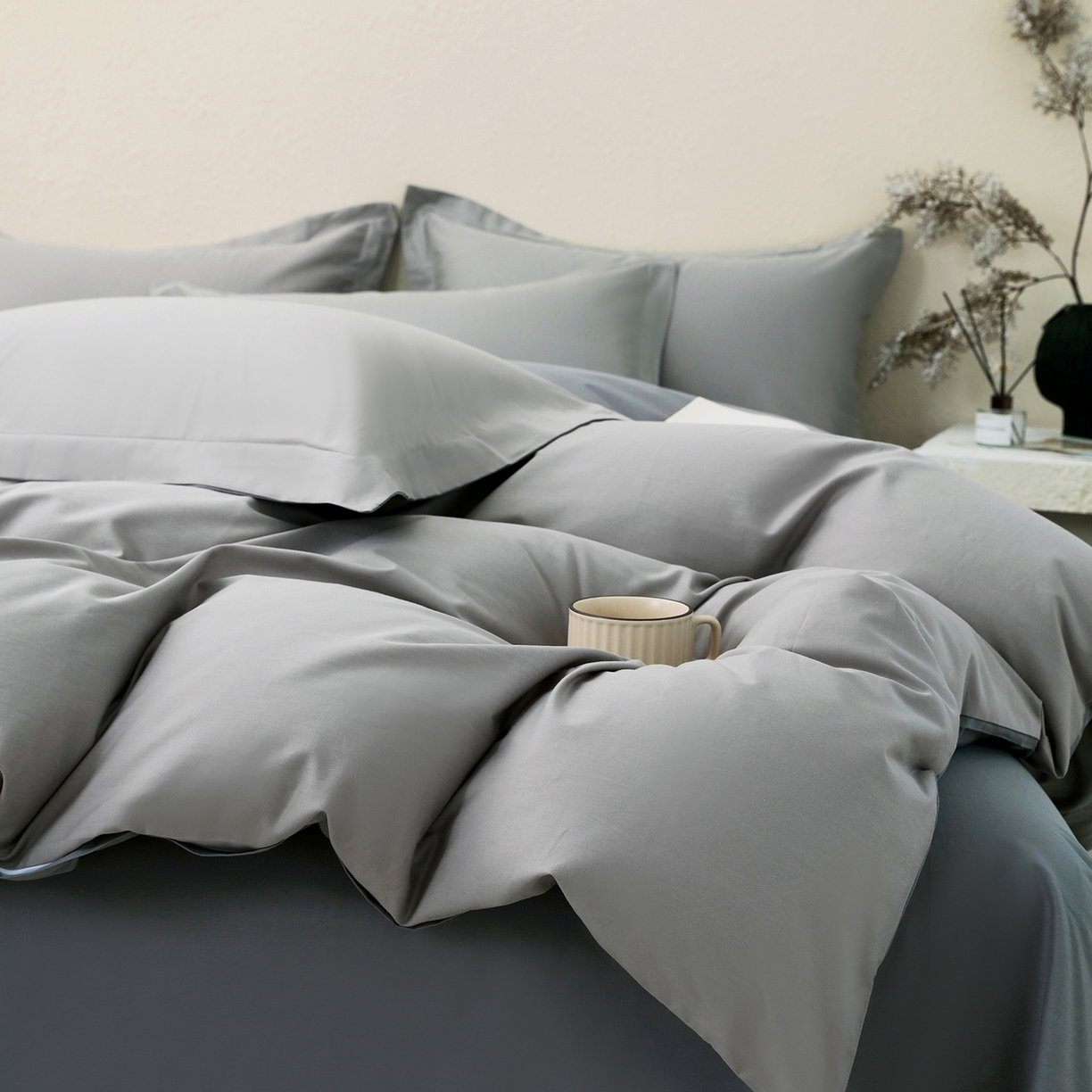 91家纺网 家纺一手货源 找家纺 小懒猪 2026新款13372A类双拼纯色全棉纯棉四件套 椰子灰-月岩灰