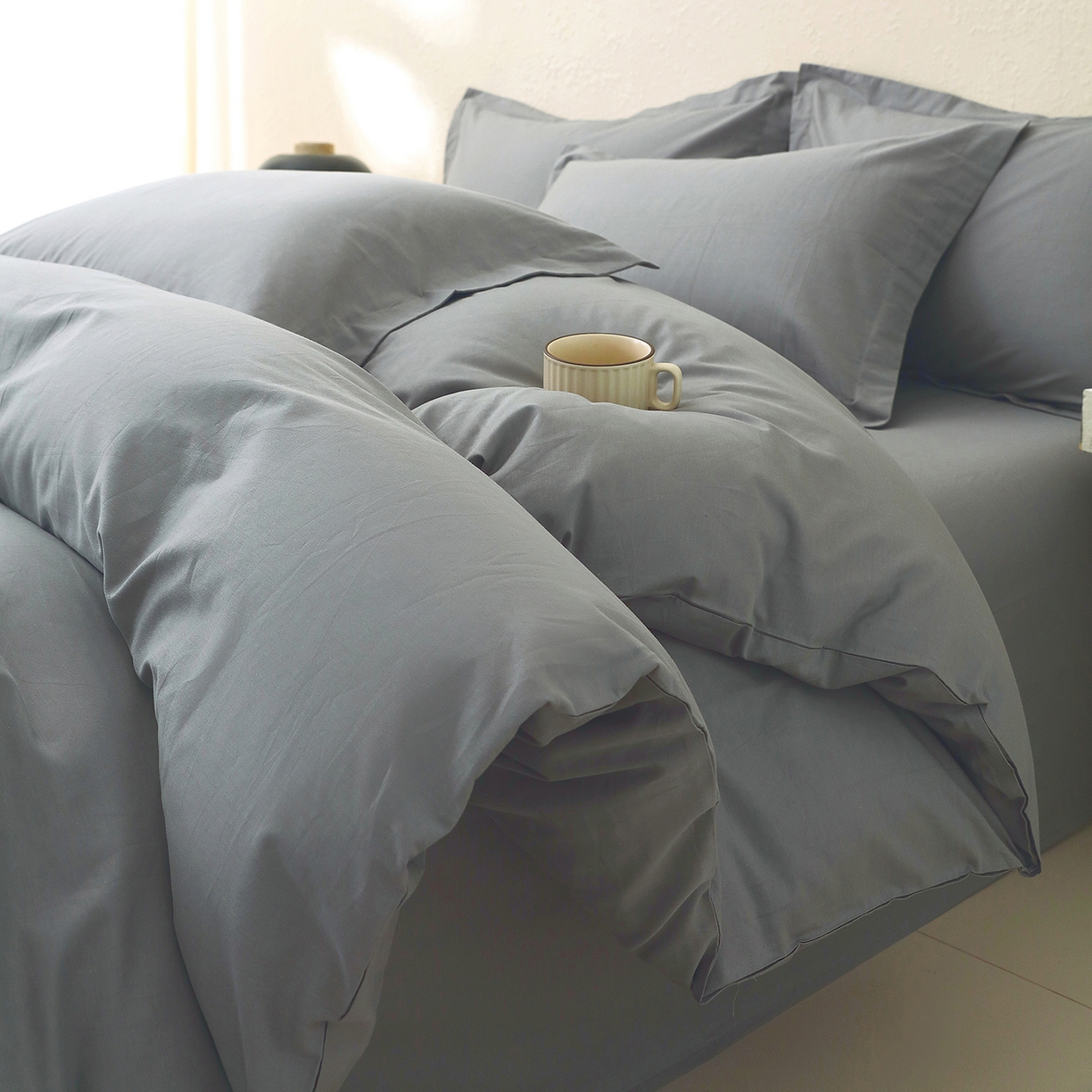 91家纺网 家纺一手货源 找家纺 小懒猪 2026新款13372A类双拼纯色全棉纯棉四件套 月岩灰