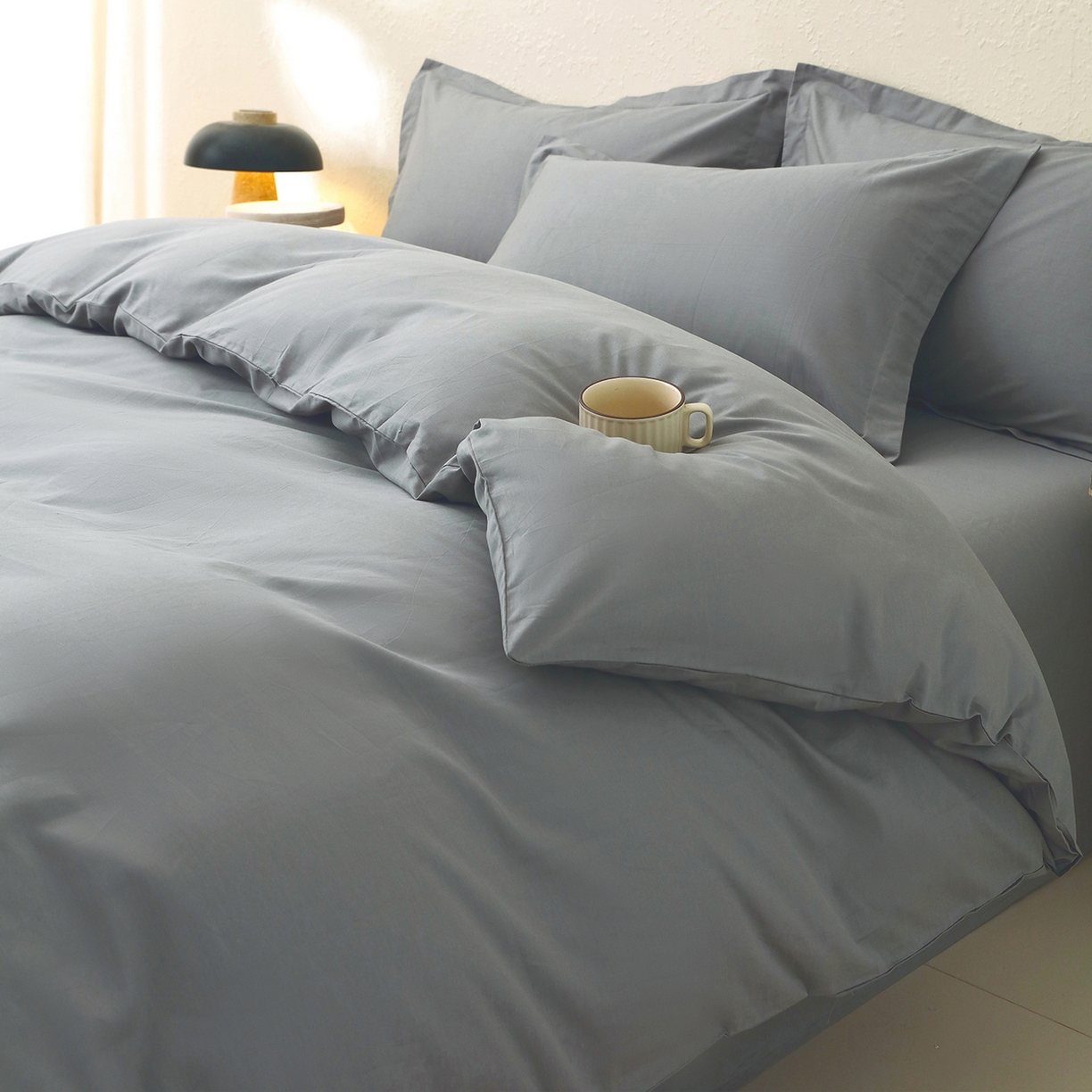 91家纺网 家纺一手货源 找家纺 小懒猪 2026新款13372A类双拼纯色全棉纯棉四件套 月岩灰