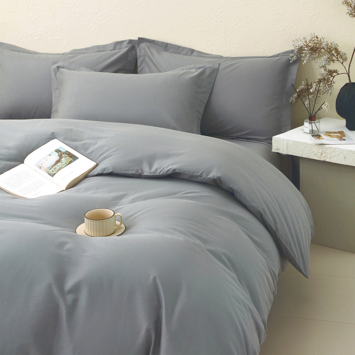 91家纺网 家纺一手货源 找家纺 小懒猪 2026新款13372A类双拼纯色全棉纯棉四件套 月岩灰