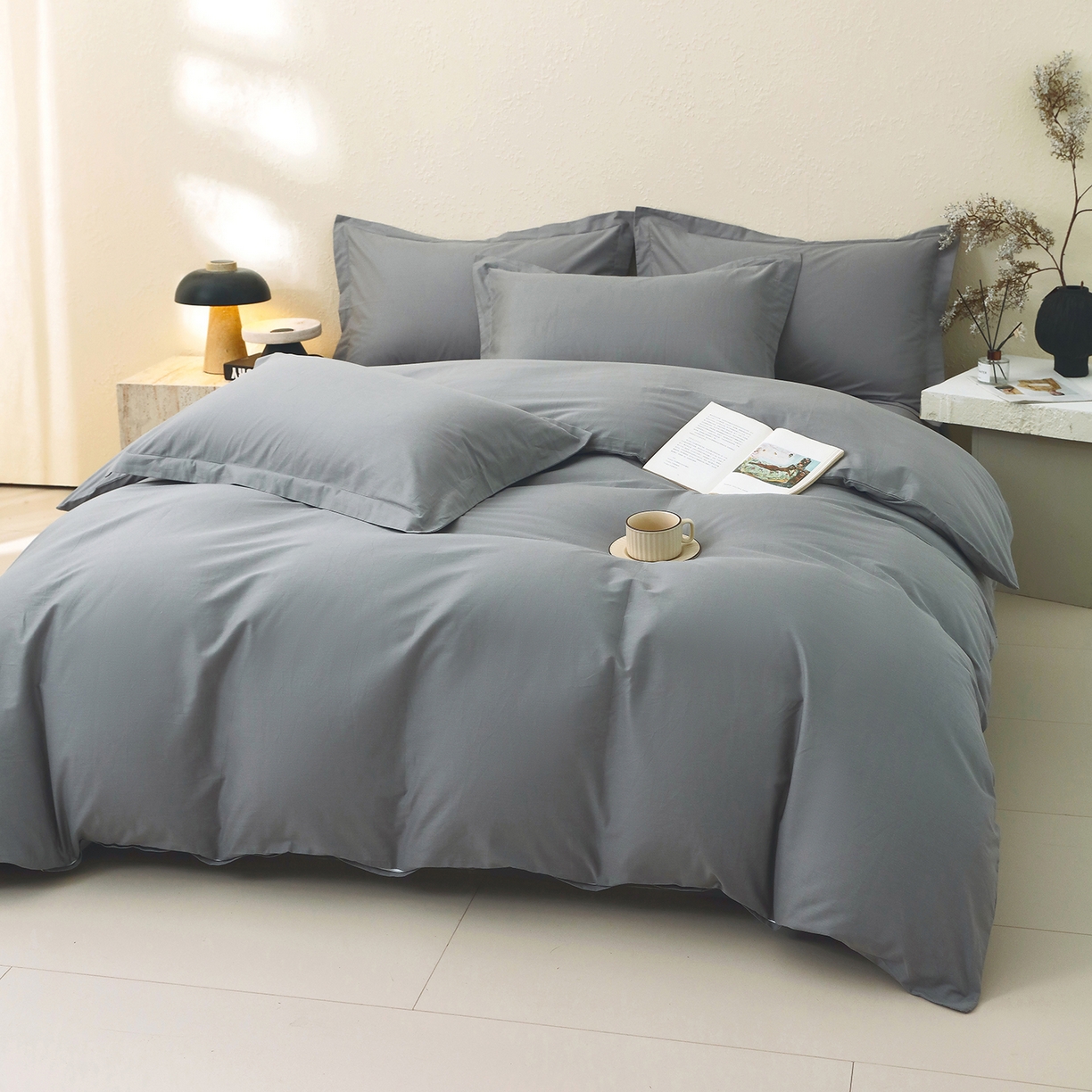 91家纺网 家纺一手货源 找家纺 小懒猪 2026新款13372A类双拼纯色全棉纯棉四件套 月岩灰