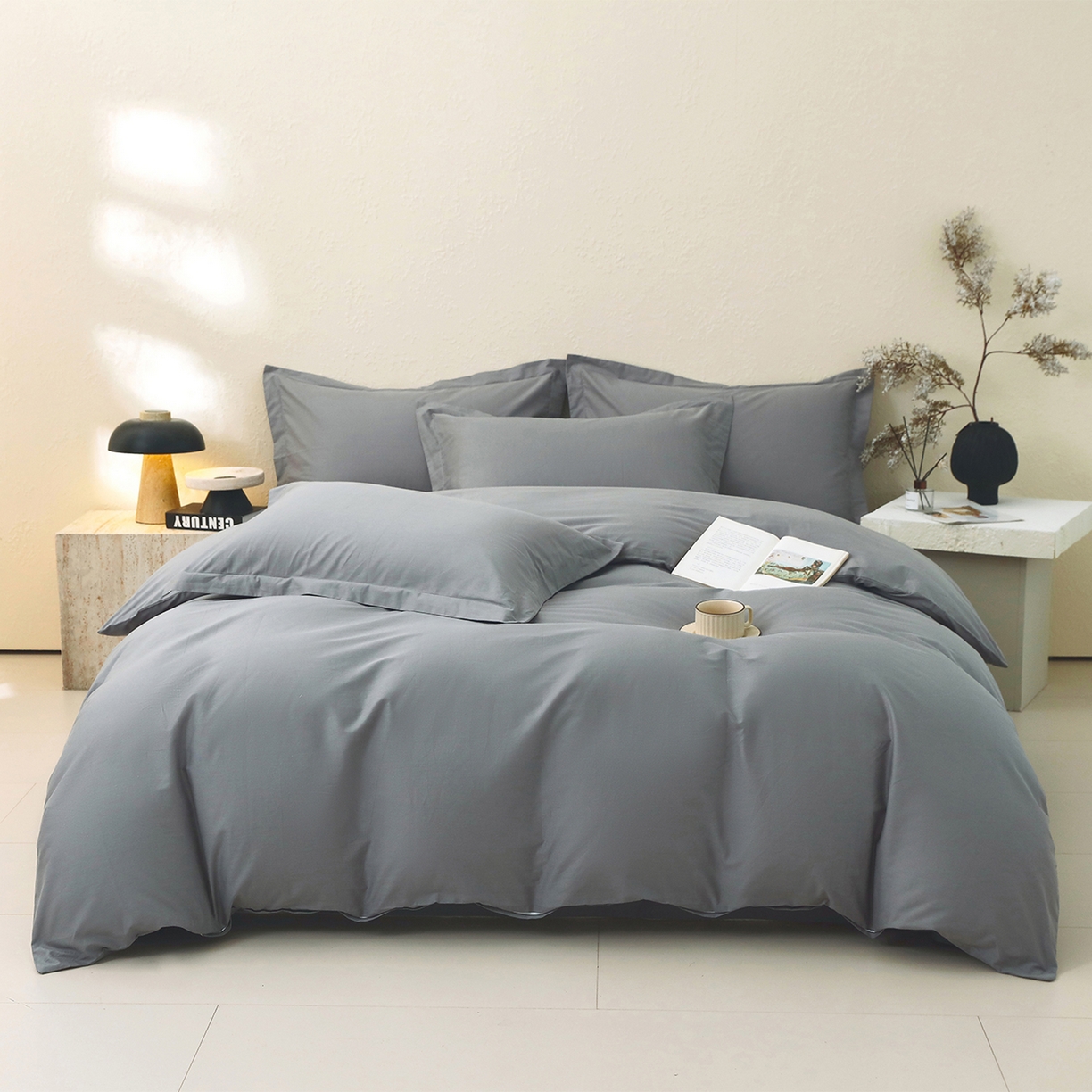 91家纺网 家纺一手货源 找家纺 小懒猪 2026新款13372A类双拼纯色全棉纯棉四件套 月岩灰